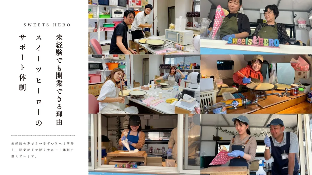 クレープの１日目研修での生地焼きや、現場研修風景など６枚のフランチャイズオーナーの写真